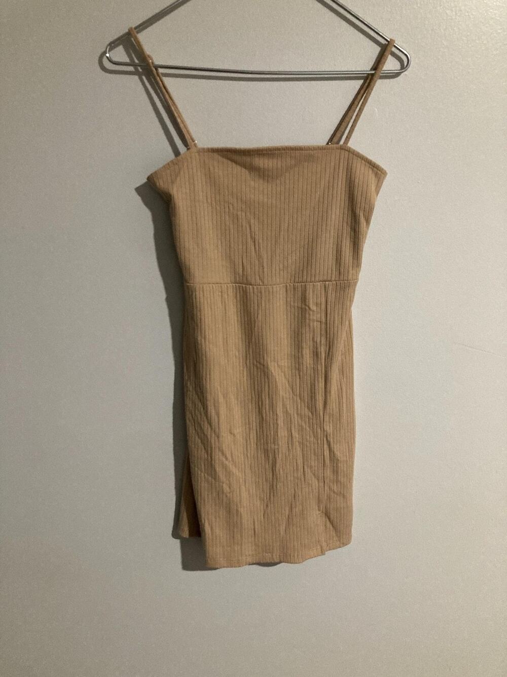 Forever 21 Dress Womens M Beige Bodycon Tank Square Neck Strappy Knee Length